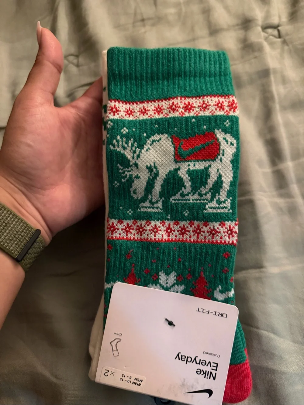 Nike Crew Socks - Green/Red/White Holiday Pattern
